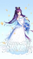 Rule 34 | 1girl, bare shoulders, birthday, blue background, blue flower, blue hair, blue rose, bouquet, bow-shaped hair, breasts, character name, chinese text, choker, colored inner hair, confetti, dress, dress flower, elbow gloves, english text, flower, full body, gloves, gradient background, happy birthday, highres, holding, holding bouquet, layered dress, li seika, light blue hair, long dress, long hair, medium breasts, multicolored hair, official art, purple eyes, purple hair, revdol, rose, sleeveless, sleeveless dress, smile, solo, tiara, virtual youtuber, wedding dress, white choker, white dress, white flower, white gloves, white rose