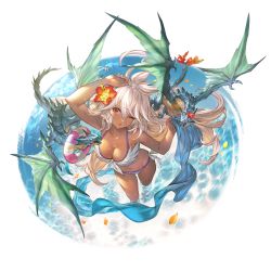 Rule 34 | 1girl, ahoge, alpha transparency, arms up, bikini, blush, breasts, cleavage, collarbone, cowlick, dark-skinned female, dark skin, day, dragon, flower, front-tie bikini top, front-tie top, granblue fantasy, hair between eyes, hair flower, hair ornament, halterneck, hibiscus, innertube, large breasts, long hair, looking at viewer, minaba hideo, navel, official art, one eye closed, open mouth, outdoors, petals, red eyes, solo, string bikini, swim ring, swimsuit, transparent background, very long hair, wading, water, white bikini, white hair, zooey (granblue fantasy), zooey (summer) (granblue fantasy)