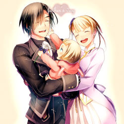 Rule 34 | 1boy, 2girls, black hair, blonde hair, carrying, child, child carry, elle mel marta, family, father and daughter, flower, houhou (black lack), husband and wife, lal mel marta, ludger will kresnik, mother and daughter, multiple girls, rose, spoilers, tales of (series), tales of xillia, tales of xillia 2, victor (tales), white flower, white rose