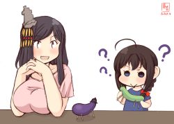 Rule 34 | 2girls, ?, aged down, ahoge, alternate costume, artist logo, black hair, blue eyes, bow, braid, brown hair, child, commentary, cucumber, dated, eggplant, food, hair bow, hair ornament, highres, kanon (kurogane knights), kantai collection, multiple girls, open mouth, own hands clasped, own hands together, pink shirt, red bow, red eyes, shigure (kancolle), shirt, short hair, shouryouuma, simple background, single braid, smile, vegetable, white background, yamashiro (kancolle)