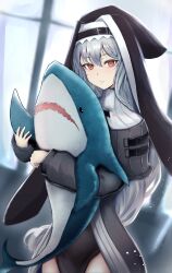 Rule 34 | 1girl, arknights, black dress, closed mouth, commentary, dress, grey hair, hair between eyes, highres, hugging object, ikea shark, indoors, long hair, long sleeves, looking at viewer, pelvic curtain, poni (poni arknights), puffy long sleeves, puffy sleeves, red eyes, sleeves past wrists, smile, solo, specter (arknights), stuffed animal, stuffed shark, stuffed toy, veil, very long hair, window