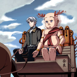 Rule 34 | 00s, 2boys, afterimage, animal, antlers, armlet, bald, black jacket, black pants, black vest, blue eyes, blue sky, box, bracer, bright pupils, buttons, cart, cloud, craft lawrence, day, green eyes, horns, horse, jacket, kouno (masao), long sleeves, looking at viewer, male focus, multiple boys, nara mascot, open clothes, open jacket, outdoors, pants, reins, sento-kun, serious, shirt, silver hair, sitting, sky, spice and wolf, statue, vest, white shirt