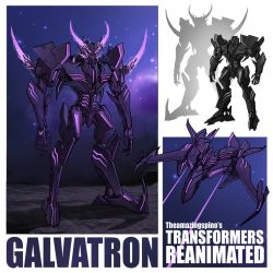 Rule 34 | character name, commentary, decepticon, energy horns, english commentary, flying, galvatron, horns, kamitoge supino, mecha, multiple views, no humans, purple eyes, redesign, robot, transformers
