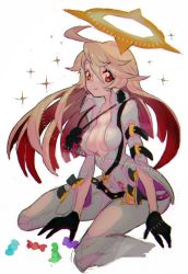 Rule 34 | 1girl, ankh, ankh necklace, belt, belt pouch, bodysuit, buckle, candy, food, gloves, guilty gear, guilty gear xrd, halo, highres, jack-o&#039; valentine, jewelry, long hair, multicolored hair, pouch, red eyes, red hair, silver hair, two-tone hair, very long hair, white bodysuit, yohane shimizu