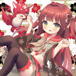 Rule 34 | 1girl, :d, ;d, animal, bare shoulders, blush, brown hair, brown shirt, brown skirt, brown thighhighs, chinese zodiac, chitosezaka suzu, collarbone, commentary request, crop top, detached sleeves, dragon, egasumi, feet out of frame, floral background, floral print, frilled sleeves, frills, green eyes, hair intakes, hands up, highres, knees together feet apart, long hair, long sleeves, looking at viewer, navel, one eye closed, open mouth, original, print sleeves, red sailor collar, sailor collar, shirt, simple background, skirt, sleeveless, sleeveless shirt, smile, solo, thighhighs, two side up, very long hair, white background, wide sleeves, year of the dragon