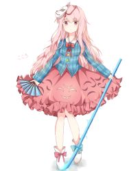 Rule 34 | 1girl, blue bow, blue shirt, blush, boots, bow, bowtie, character name, chinese commentary, circle, commentary request, folding fan, fox mask, full body, hair between eyes, hand fan, hata no kokoro, highres, holding, holding fan, holding polearm, holding spear, holding weapon, ig jackeylove, long hair, long sleeves, looking at viewer, mask, mask on head, naginata, pink eyes, pink hair, pink skirt, plaid, plaid shirt, polearm, red bow, red bowtie, shadow, shirt, simple background, skirt, solo, spear, standing, star (symbol), touhou, translated, triangle, very long hair, weapon, white background, white footwear, x