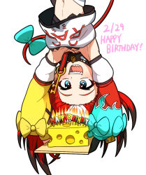 Rule 34 | 1girl, birthday, blue bow, blue eyes, bow, candle, cheese, collar, dated, ddolbang, detached sleeves, english text, fire, food, hakos baelz, highres, holding, hololive, hololive english, key, long hair, midriff, navel, open mouth, red hair, sharp teeth, shirt, simple background, smile, solo, tail, tail bow, tail ornament, teeth, upper body, upside-down, virtual youtuber, white background, white shirt