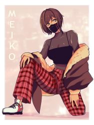 Rule 34 | 1girl, bodysuit, brown eyes, brown hair, character name, commentary, english commentary, fur-trimmed jacket, fur trim, highres, jacket, latex, latex bodysuit, mask, meiko (vocaloid), mouth mask, on one knee, pants, plaid, plaid pants, removing jacket, shoes, short hair, sneakers, solo, vocaloid, yen-mi