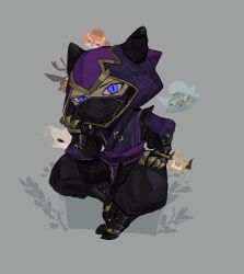 Rule 34 | 1boy, black pants, ghostgrass, grey background, highres, hood, hood up, kennen, league of legends, long sleeves, looking at viewer, mask, mouth mask, ninja, ninja mask, pants, purple eyes, simple background, sitting, slit pupils, solo, yordle