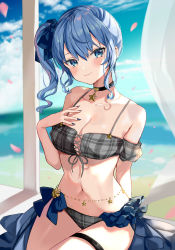 Rule 34 | 1girl, absurdres, adapted costume, alternate breast size, bare shoulders, bikini, black choker, black nails, blue eyes, blue hair, blurry, blush, bow, breasts, choker, cleavage, collarbone, cowboy shot, day, depth of field, detached sleeves, grey bikini, hair between eyes, hair ribbon, hand on own chest, highres, hololive, hoshimachi suisei, hoshimachi suisei (1st costume), long hair, looking at viewer, medium breasts, nail polish, navel, outdoors, petals, plaid, plaid bikini, ribbon, sarong, satoupote, side ponytail, sidelocks, sitting, smile, solo, star (symbol), star choker, stomach, string bikini, sunlight, swimsuit, thigh strap, thighs, virtual youtuber, wavy hair