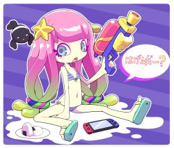 Rule 34 | 1girl, 1other, bikini, blue eyes, clownfish, drooling, feet, fish, flat chest, food, gradient hair, green hair, hair ornament, harmony&#039;s clownfish (splatoon), harmony (splatoon), legs, long hair, low-tied long hair, multicolored hair, navel, nintendo, nintendo switch, nollety, onigiri, open mouth, pink hair, plate, saliva, sandals, side-tie bikini bottom, sitting, splatoon (series), splatoon 3, splattershot (splatoon), spread legs, star (symbol), star hair ornament, striped bikini, striped clothes, swimsuit, tentacle hair, thighs, toes, translation request, tropical fish, weapon