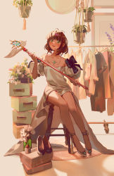 Rule 34 | 1girl, antenna hair, bare shoulders, black bow, blush, bow, brown hair, cardcaptor sakura, collarbone, dress, flower, green eyes, hair ornament, high heels, highres, jewelry, kinomoto sakura, looking at viewer, necklace, open mouth, pixiescout, plant, potted plant, short hair, sitting, solo, thighs, white dress, yume no tsue