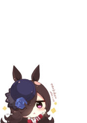 Rule 34 | 1girl, :&lt;, animal ears, black hair, blue flower, blue hat, blue rose, blush, chibi, flower, hair over one eye, hat, hat flower, highres, horse ears, jacket, long hair, long sleeves, muuran, outstretched arm, parted lips, purple eyes, rice shower (umamusume), rose, simple background, solo, sparkle, tilted headwear, track jacket, translation request, triangle mouth, umamusume, upper body, white background, white jacket