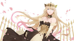 Rule 34 | alternate costume, bad id, bad pixiv id, bare shoulders, blonde hair, collarbone, crown, detached collar, dow (dow fighting), dress, earrings, elbow gloves, floating, floating hair, gloves, green eyes, hair ornament, hand on own chest, highres, jewelry, karin (seven knights), long hair, looking at viewer, multicolored clothes, open mouth, petals, seven knights, simple background, sleeveless, sleeveless dress, smile, solo, upper body, very long hair, white background