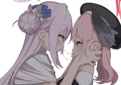 2girls after_kiss beret black_hat blue_archive blush commentary_request eye_contact hair_bun halo hat highres koharu_(blue_archive) long_hair looking_at_another mika_(blue_archive) multiple_girls pink_eyes pink_hair pink_halo saliva saliva_trail shiratama_mochi simple_background white_background yellow_eyes yuri