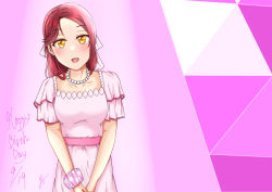 Rule 34 | 1girl, absurdres, artist name, artist request, blush, breasts, brown eyes, collarbone, dress, female focus, frilled sleeves, frills, hair between eyes, hair over shoulder, hair ribbon, highres, jewelry, long hair, looking at viewer, love live!, love live! school idol festival, love live! sunshine!!, miniskirt, necklace, orange eyes, own hands together, parted lips, pearl necklace, pianoforte monologue, pianoforte monologue (love live!), pink background, pink dress, pink ribbon, pink scrunchie, pink skirt, plaid, plaid dress, plaid skirt, pleated, pleated dress, pleated skirt, polka dot, polka dot scrunchie, pure phrase, pure phrase (love live!), red hair, ribbon, sakurauchi riko, scrunchie, short sleeves, skirt, small breasts, smile, solo, wrist scrunchie, yellow eyes