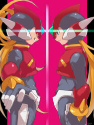 Rule 34 | 2boys, armor, blonde hair, body armor, bodystocking, codpiece, forehead jewel, from side, gauntlets, gloves, green eyes, helmet, holstered, long hair, looking at another, mega man (series), mega man zero (series), mega man zero 3, multiple boys, omega (mega man), ponytail, red eyes, simple background, vani (hisha 04), zero(z) (mega man), zero (mega man)