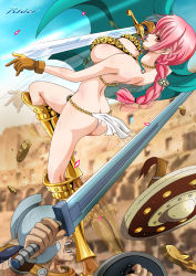 Rule 34 | 1boy, 1girl, armor, artist request, ass, bare legs, bikini armor, boots, braid, braided ponytail, breasts, brown gloves, butt crack, cape, fighting, gladiator, gloves, gold armor, helmet, highres, holding, holding sword, holding weapon, jumping, large breasts, long hair, looking at another, looking to the side, one piece, pelvic curtain, pink hair, rebecca (one piece), shiny skin, sideboob, sky, stadium, sweat, sweatdrop, sword, thighs, thong, weapon