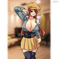 Rule 34 | 1girl, absurdres, aitho19, breasts, center opening, cleavage, corset, hat, highres, large breasts, skirt, tanaka hitomi