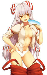 Rule 34 | 1girl, bad id, bad pixiv id, bow, breasts, clothes pull, dress shirt, hand fan, female focus, fujiwara no mokou, hair bow, hair ribbon, hand on own hip, hip focus, hot, long hair, navel, no bra, open clothes, open mouth, open shirt, orange eyes, panties, pants, pants pull, paper fan, red eyes, ribbon, shirt, sideboob, silver hair, sleeves rolled up, solo, suspenders, sweat, touhou, tsuchifumazu, uchiwa, underwear, white panties
