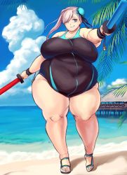 Rule 34 | 1girl, adiposesaleswoman, asymmetrical hair, beach, breasts, bun cover, competition, competition swimsuit, cover, fat, fate/grand order, fate (series), grey hair, hair bun, highleg, highres, huge breasts, looking at viewer, miyamoto musashi (fate), miyamoto musashi (fate/grand order), miyamoto musashi (swimsuit berserker) (fate), nervous smile, obese, one-piece, one-piece swimsuit, one eye closed, ribbon, sandals, single hair bun, smile, solo, standing, sweatband, swimsuit, thick thighs, thighs, toy sword