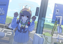 Rule 34 | 1girl, absurdres, binoculars, black gloves, blue archive, blue serafuku, blue shirt, blue skirt, blunt bangs, clenched hands, cloud, commentary request, crying, future cake, gloves, green neckerchief, halo, highres, knife, korean commentary, korean text, leaf, leaf on head, long sleeves, looking at object, miyu (blue archive), neckerchief, pleated skirt, red eyes, school uniform, serafuku, shirt, skirt, sky, solo, standing, translation request, white halo