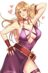 Rule 34 | 1girl, arm behind head, artist name, blonde hair, breasts, cleavage, fatal fury, garou: mark of the wolves, green eyes, hand on own hip, heart, highres, jenet behrn, large breasts, legs, looking at viewer, model pose, no bra, pink lips, smile, solo, the king of fighters, the king of fighters xv, thick thighs, thighs, toned