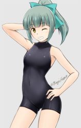 Rule 34 | 10s, 1girl, alternate costume, aqua bow, arm behind head, arm up, armpits, artist name, bare shoulders, blunt bangs, blush, bodysuit, bow, breasts, contrapposto, covered navel, cowboy shot, fuuma nagi, grey background, grey hair, grin, hair bow, halterneck, hand on own hip, high ponytail, kantai collection, legs apart, long hair, one eye closed, ponytail, short hair, short ponytail, sidelocks, simple background, skin tight, small breasts, smile, solo, standing, turtleneck, twitter username, unitard, yellow eyes, yuubari (kancolle)