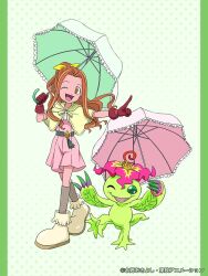 Rule 34 | 1girl, ;d, belt, belt buckle, boots, brown eyes, brown hair, buckle, capelet, child, commentary request, crests (digimon), digimon, digimon (creature), digimon adventure, dress, frilled umbrella, frills, gloves, green umbrella, grey socks, hair ribbon, high ponytail, highres, holding, holding umbrella, leg up, long hair, official art, one eye closed, open mouth, palmon, pink dress, pink umbrella, pointing, ponytail, red gloves, ribbon, smile, socks, tachikawa mimi, toei animation, umbrella, yellow capelet, yellow ribbon