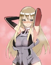 Rule 34 | 1girl, arms behind head, bismarck (kancolle), blonde hair, blue eyes, dress, grey dress, kantai collection, long hair, looking at viewer, pink background, simple background, sleeveless, sleeveless dress, solo, steaming body, suion 25.c, upper body