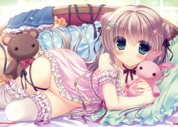 Rule 34 | 1girl, absurdres, babydoll, bare shoulders, blue eyes, blush, bottomless, breasts, cleavage, double bun, frilled thighhighs, frills, hair bun, hair ornament, hair ribbon, highres, huge filesize, leg ribbon, long hair, looking at viewer, lying, no panties, on side, pillow, pink babydoll, ribbon, ribbon-trimmed ornament, ribbon trim, skirt, unworn skirt, solo, stuffed animal, stuffed rabbit, stuffed toy, teddy bear, thigh ribbon, thighhighs, underwear, underwear only, wide hips, yukie (peach candy)