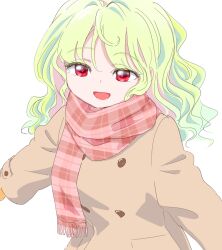 Rule 34 | 1girl, brown coat, buttons, coat, colored eyelashes, green hair, kazami yuuka, long hair, open mouth, plaid, plaid scarf, red eyes, red scarf, s-a-murai, scarf, smile, solo, touhou, white background, winter clothes