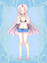Rule 34 | 1girl, :d, ^ ^, bikini, bikini under clothes, black bikini, blue shorts, blush, breasts, cleavage, closed eyes, collarbone, copyright request, dairoku ryouhei, double v, facing viewer, front-tie top, full body, grey hair, hands up, heart, highres, horns, jewelry, long hair, medium breasts, nail polish, navel, necklace, official art, open clothes, open fly, open mouth, open shorts, parted bangs, pink footwear, red nails, sandals, shikito (yawa0w0), shirt, short shorts, short sleeves, shorts, side-tie bikini bottom, single horn, smile, solo, standing, swimsuit, toenail polish, toenails, v, very long hair, white shirt