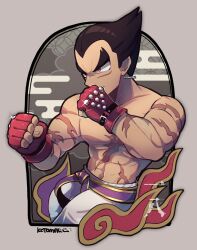 Rule 34 | 1boy, belt, black hair, clenched hands, collarbone, egasumi, fighting stance, glint, gloves, grey background, kotorai, male focus, mishima kazuya, pants, pectorals, purple belt, red eyes, red gloves, scar, scar on arm, scar on chest, scar on stomach, short hair, signature, solo, tekken, thick eyebrows, topless male, v-shaped eyebrows, white pants