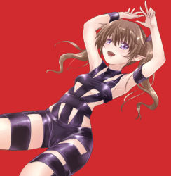 Rule 34 | 1girl, armpits, arms up, breasts, brown hair, himekaidou hatate, hot limit, long hair, looking at viewer, medium breasts, naegi (naegidokoro), open mouth, pointy ears, purple eyes, red background, smile, solo, t.m.revolution, touhou, twintails