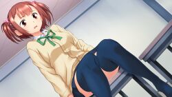 Rule 34 | 1girl, arms at sides, blush, breasts, brown hair, chair, female focus, game cg, indoors, kushida suzu, legs, looking at viewer, medium breasts, neck ribbon, open mouth, original, psy-min appli another -owaranai netorare game, red eyes, ribbon, sameda koban, school uniform, simple background, sitting, skirt, solo, thighhighs, thighs, twintails, zettai ryouiki
