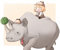 Rule 34 | 1girl, absurdres, animal, blonde hair, chibi, deerstalker, hat, highres, hololive, hololive english, long sleeves, moon ldl, necktie, open mouth, red necktie, rhinoceros, riding, shirt, short hair, smile, smol ame, tail, virtual youtuber, watson amelia, white shirt