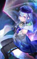 Rule 34 | 1boy, arknights, black collar, black gloves, black pantyhose, black shorts, blue hair, blue headwear, blue jacket, blush, collar, colored tips, earrings, elbow gloves, ere chip, feet out of frame, gloves, hair between eyes, highres, infection monitor (arknights), jacket, jewelry, long hair, looking at viewer, male focus, mizuki (arknights), multicolored hair, pantyhose, pantyhose under shorts, purple eyes, shorts, sitting, smile, solo, transparent, transparent umbrella, trap, umbrella