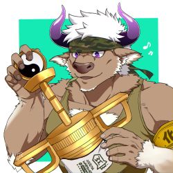 Rule 34 | 1boy, animal ears, bara, bare shoulders, brown fur, camouflage, camouflage headwear, chest hair, cow ears, cow horns, furry, furry male, green tank top, headband, highres, holding, holding syringe, horns, huge weapon, male focus, mature male, minotaur, mint, muscular, muscular male, oversized object, pectorals, purple eyes, purple horns, shennong (housamo), short hair, sideburns, sidepec, smile, solo, syringe, tank top, tokyo houkago summoners, upper body, weapon, white hair, yanai inaya, yin yang, yin yang print