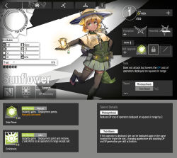 Rule 34 | 1girl, absurdres, arknights, battery, belt, blonde hair, bracelet, capelet, dark-skinned female, dark skin, elbow gloves, english text, fake screenshot, gloves, glowing, green shirt, hat, highres, jewelry, leaf, monster girl, personification, petals, plant girl, plants vs zombies, pompmaker1, pouch, reaching, reaching towards viewer, shirt, skirt, smile, solar panel, solo, sun hat, thighhighs, toeless legwear, yellow eyes, zettai ryouiki