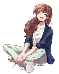 Rule 34 | 1girl, ^ ^, blue jacket, blush, brown hair, closed eyes, collarbone, earrings, full body, hair over shoulder, hattori toko, highres, idolmaster, idolmaster cinderella girls, indian style, jacket, jewelry, long hair, own hands together, pon (ponymmtknsk), shirt, shoes, simple background, sitting, smile, sneakers, solo, teeth, twitter username, upper teeth only, white background, white shirt