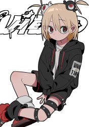 Rule 34 | 1girl, absurdres, black shorts, blonde hair, drawstring, expressionless, female focus, hair ornament, highres, hood, hood down, hooded jacket, hyow, jacket, looking at viewer, medium hair, multicolored eyes, original, ringed eyes, shorts, sitting, solo, spiked thighlet, two side up