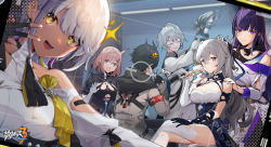 Rule 34 | + +, 2boys, 4girls, :d, absurdres, adam (honkai impact), alcohol, anger vein, angry, asymmetrical gloves, black gloves, black leotard, breasts, broken glass, bronya zaychik, bronya zaychik (silverwing: n-ex), brown coat, carole peppers, cleavage, closed mouth, coat, crossed legs, cup, dark-skinned female, dark skin, drill hair, drinking glass, fingerless gloves, glass, gloves, grey eyes, highres, holding, holding cup, honkai (series), honkai impact 3rd, indoors, jacket, leotard, long hair, long sleeves, looking at viewer, lyle collodi (honkai impact), medium breasts, mismatched gloves, multiple boys, multiple girls, official art, open mouth, pink hair, purple eyes, purple hair, raiden mei, selfie, shirt, single thighhigh, sitting, smile, surprised, thighhighs, timido cute, twin drills, w, white gloves, white hair, white jacket, white shirt, white thighhighs, wine, wine glass, yellow eyes