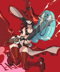 Rule 34 | 1girl, black gloves, black hair, breasts, character name, cleavage, crop top, electric guitar, fingerless gloves, found modori, full body, glasses, gloves, green-tinted eyewear, green-tinted glasses, guilty gear, guilty gear strive, guitar, hat, highres, i-no, instrument, large breasts, midriff peek, red background, red legwear, short hair, solo, sunglasses, thighs, tinted eyewear, witch hat