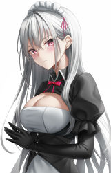 Rule 34 | 1girl, black gloves, blush, breasts, cleavage, closed mouth, elbow gloves, gloves, grey hair, highres, long hair, looking at viewer, maid, maid headdress, medium breasts, naga (pixiv70891418), original, pink eyes, sideboob, solo, white background