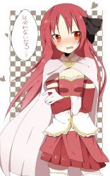 Rule 34 | 1girl, asymmetrical clothes, bad id, bad pixiv id, blush, bow, cape, checkered background, cosplay, crossed arms, gloves, hair bow, hair down, long hair, magical girl, mahou shoujo madoka magica, mahou shoujo madoka magica (anime), miki sayaka, miki sayaka (cosplay), red eyes, red hair, sakura kyoko, solo, thighhighs, translation request, white gloves, white thighhighs, yarawi, zettai ryouiki