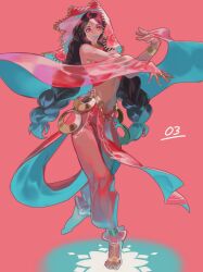 Rule 34 | 1girl, anklet, aqua lips, aqua nails, aruk, bangle, bare shoulders, barefoot, black hair, bracelet, braid, bridal gauntlets, circlet, commentary request, dancer, dancing, foot tattoo, halterneck, hands up, harem outfit, harem pants, highres, hoop, jewelry, limited palette, lipstick, loincloth, looking at viewer, makeup, midriff, nail polish, navel, neck ring, original, outstretched arms, pants, parted lips, pink background, pink eyes, pink pants, pink theme, pink veil, plantar flexion, red eyes, ribbon, ring, see-through, smile, solo, standing, standing on one leg, strapless, toenail polish, toenails, toned, twin braids, twintails, two-sided fabric, veil