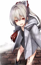 Rule 34 | 1girl, absurdres, alternate costume, amamitsu kousuke, bad id, bad twitter id, black dress, black footwear, blurry, bow, casual, depth of field, dress, ear piercing, fujiwara no mokou, hair bow, highres, hood, hooded jacket, jacket, leaning forward, long hair, looking at viewer, open mouth, outdoors, piercing, ponytail, red eyes, sett, shoes, short dress, silver hair, smile, solo, touhou, white bow