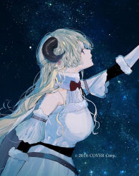Rule 34 | 1girl, blonde hair, commentary request, copyright notice, detached sleeves, dress, from side, goat horns, hagimorijia, half updo, hololive, horns, long hair, looking up, parted lips, purple eyes, sky, sleeveless, sleeveless dress, solo, star (sky), starry sky, tsunomaki watame, tsunomaki watame (1st costume), upper body, virtual youtuber, white dress