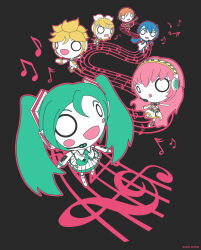 Rule 34 | 2boys, 4girls, :o, aqua hair, aqua necktie, artist name, beamed eighth notes, black background, blue scarf, blush, chibi, commentary, detached sleeves, eighth note, english commentary, frown, hair ornament, hairclip, hatsune miku, headset, holding, holding microphone, james franzen, kagamine len, kagamine rin, kaito (vocaloid), megurine luka, meiko (vocaloid), microphone, multiple boys, multiple girls, musical note, necktie, nose blush, o o, open mouth, pleated skirt, scarf, sixteenth note, skirt, smile, treble clef, twintails, vocaloid